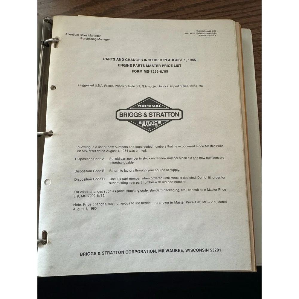 1986 Briggs And Stratton Engine Parts Price List And 1985 Updates‎